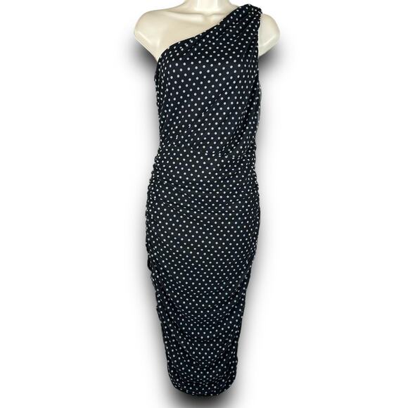 Love X Design One Shoulder Bodycon Midi Dress Black White Polka Dot Size Medium - Picture 2 of 8